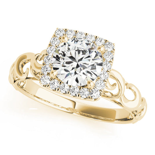 14K Yellow Gold Round Brilliant Diamond Halo Engagement Ring With Scalloped Shank (1.15ctw) 