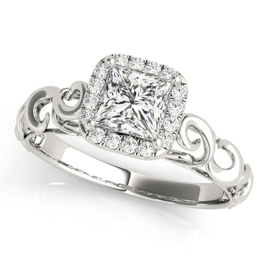 14K White Gold Princess Cut Diamond Halo Engagement Ring With Scalloped Shank (1.10ctw)