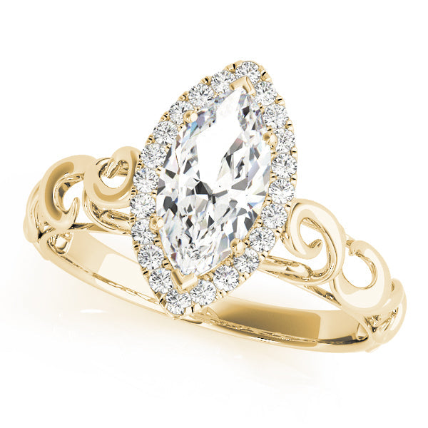 14K Yellow Gold Marquise Diamond Halo Engagement Ring With Scalloped Shank (1.15ctw) 