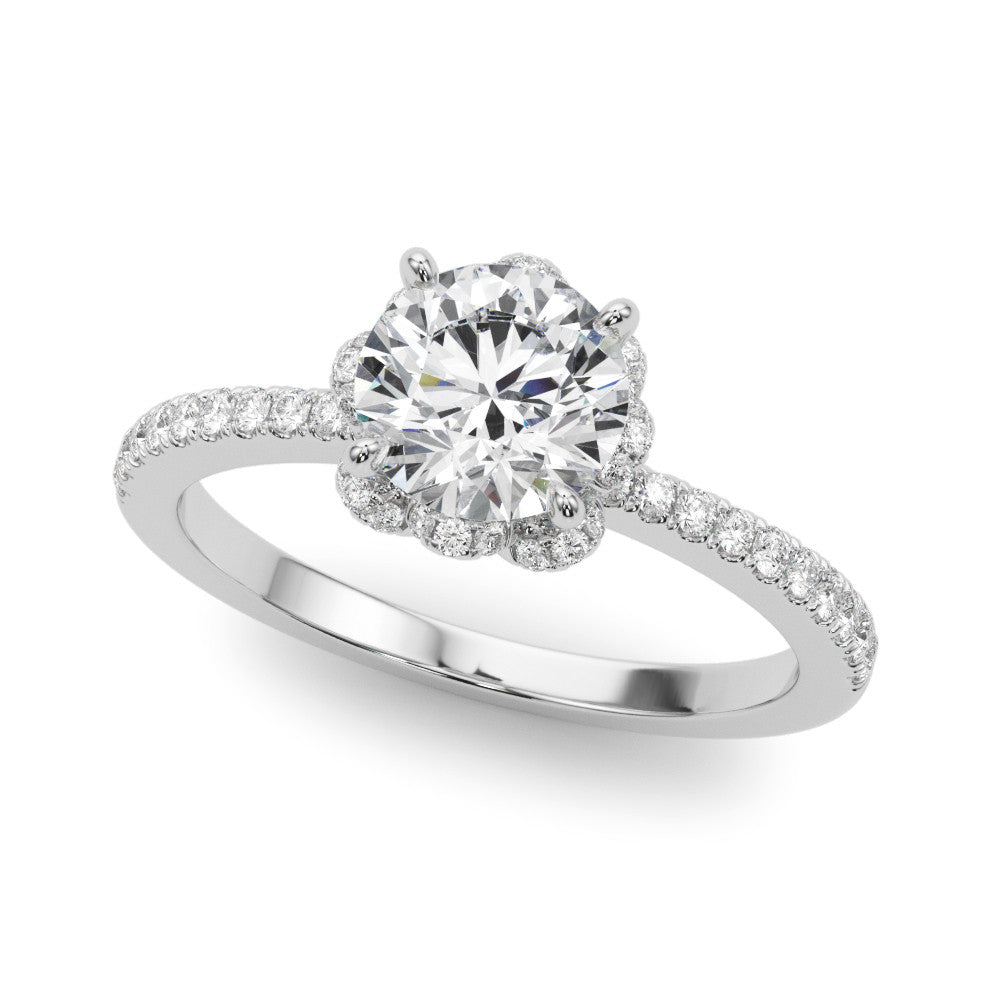 14K White Gold Round Brilliant Diamond Floral Halo Engagement Ring With Pave Accents (1.25ctw)