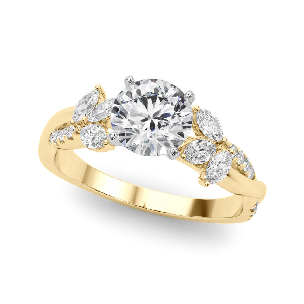 14K Yellow Gold Lab-Grown Round Brilliant Diamond Floral Inspired Marquise Accented Engagement Ring - Options Available