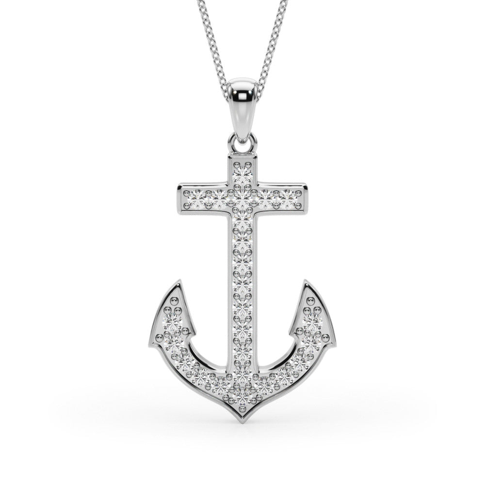 14K White Gold Round Brilliant Lab-Grown Diamond Pave Anchor Pendant (.38ctw)