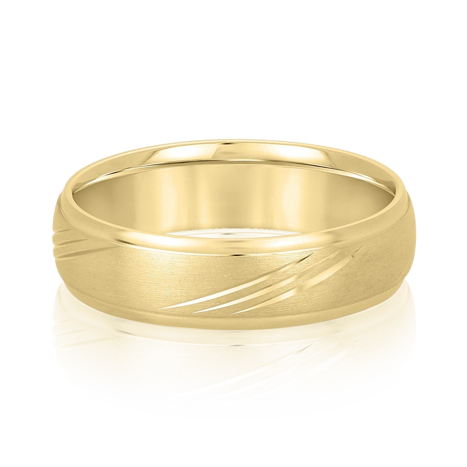 14K Yellow Gold Men's 6MM Domed Wedding Ring With Brushed Finish And Engraving Details 