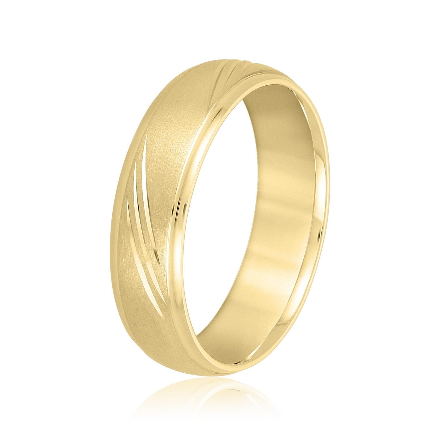 14K Yellow Gold Men's 6MM Domed Wedding Ring With Brushed Finish And Engraving Details 