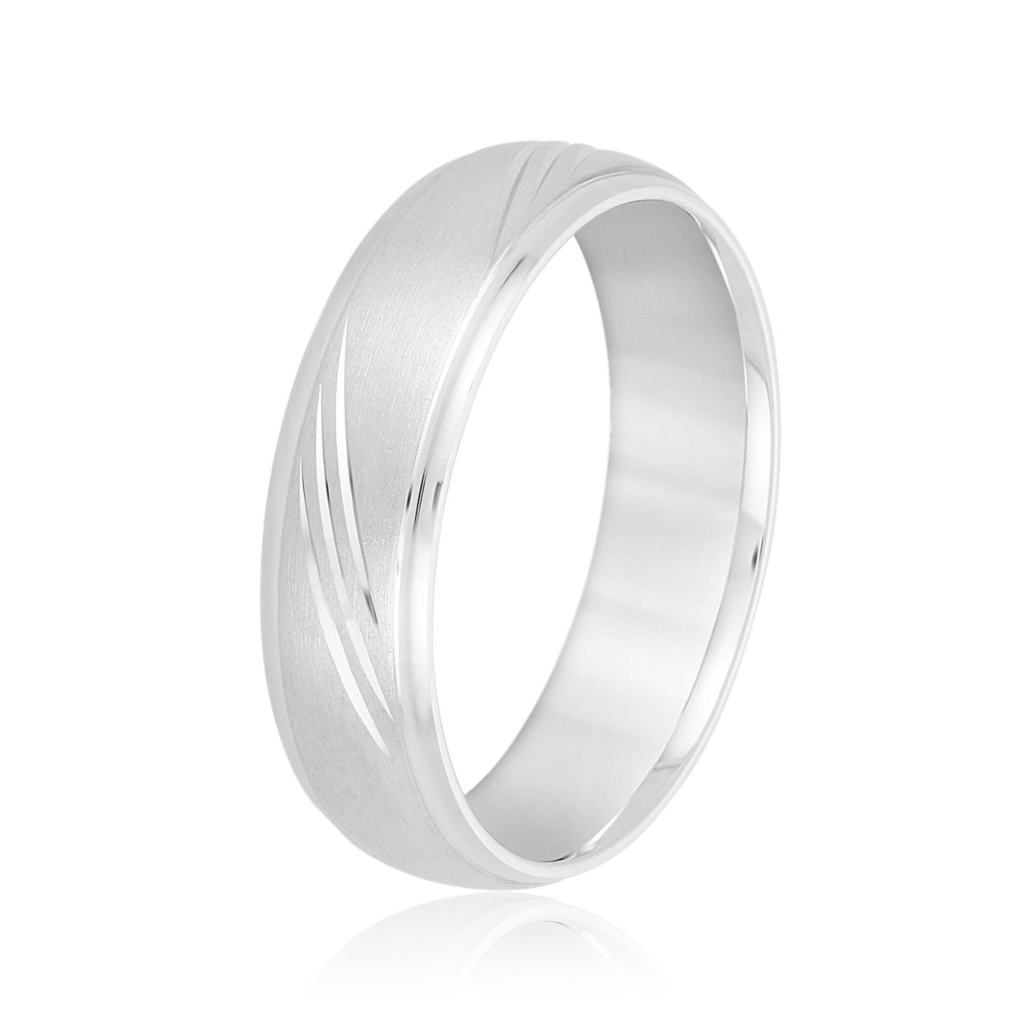 14K White Gold Men's 6MM Domed Wedding Ring With Brushed Finish And Engraving Details 