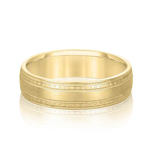 14K Yellow Gold Men's 6MM Brushed Wedding Ring With Engraved Accents 