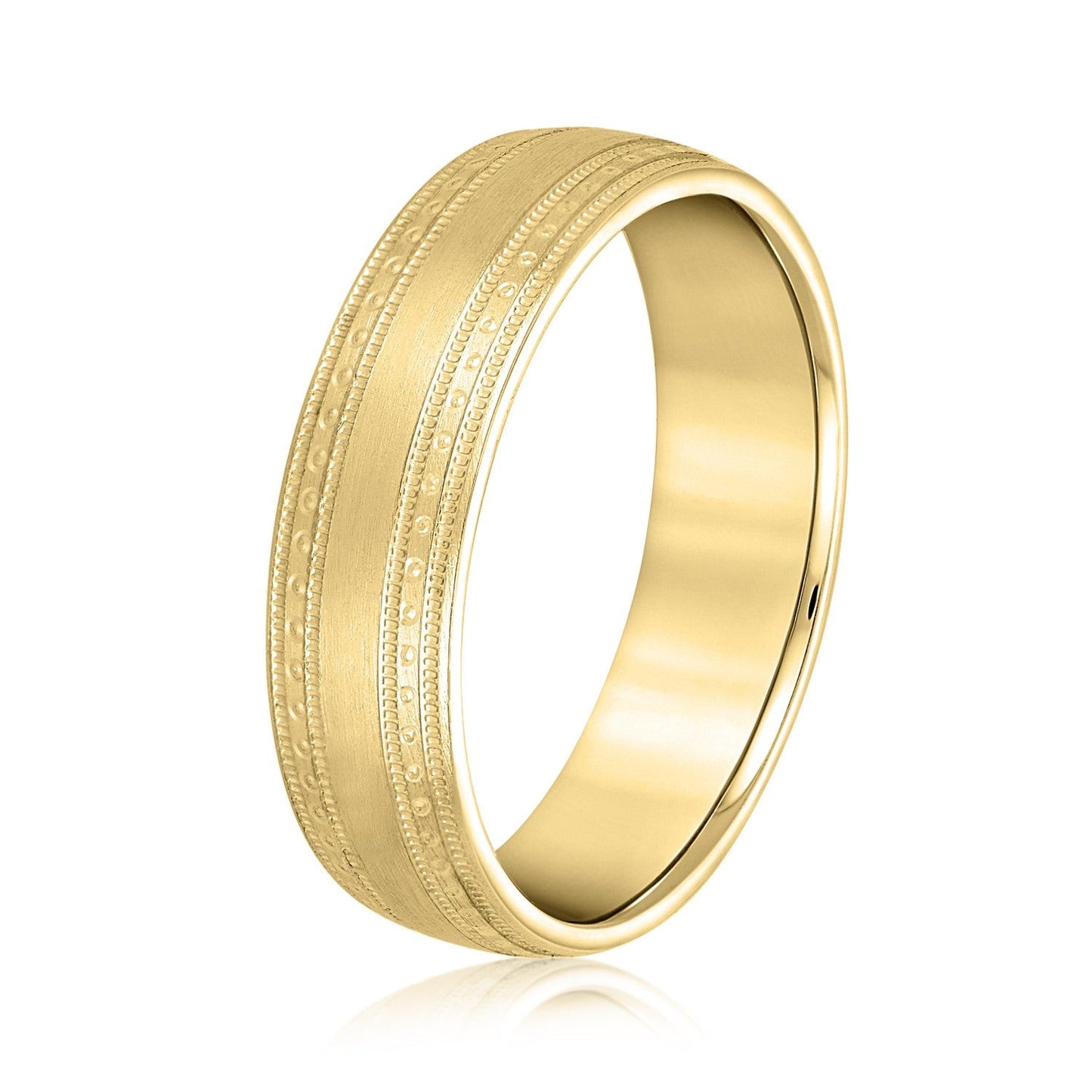 14K Yellow Gold Men's 6MM Brushed Wedding Ring With Engraved Accents 