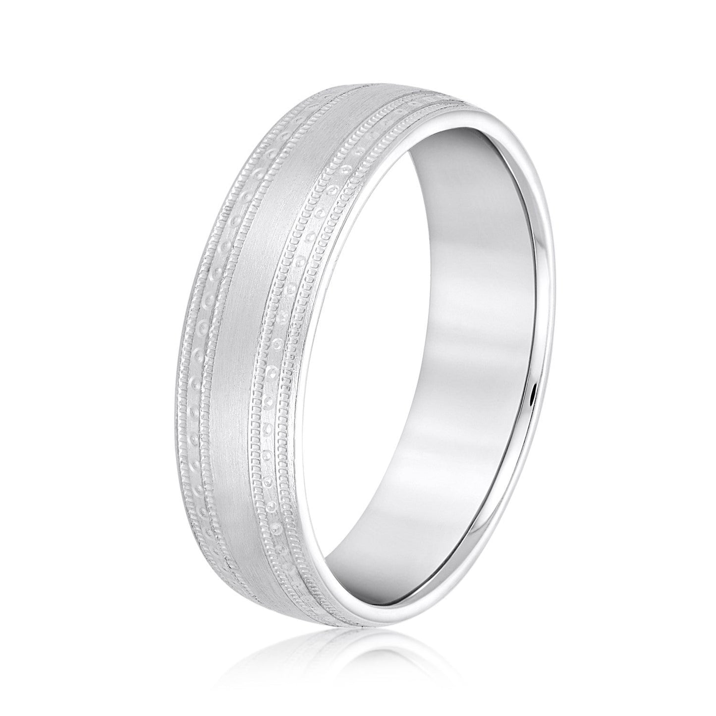 14K White Gold Men's 6MM Brushed Wedding Ring With Engraved Accents