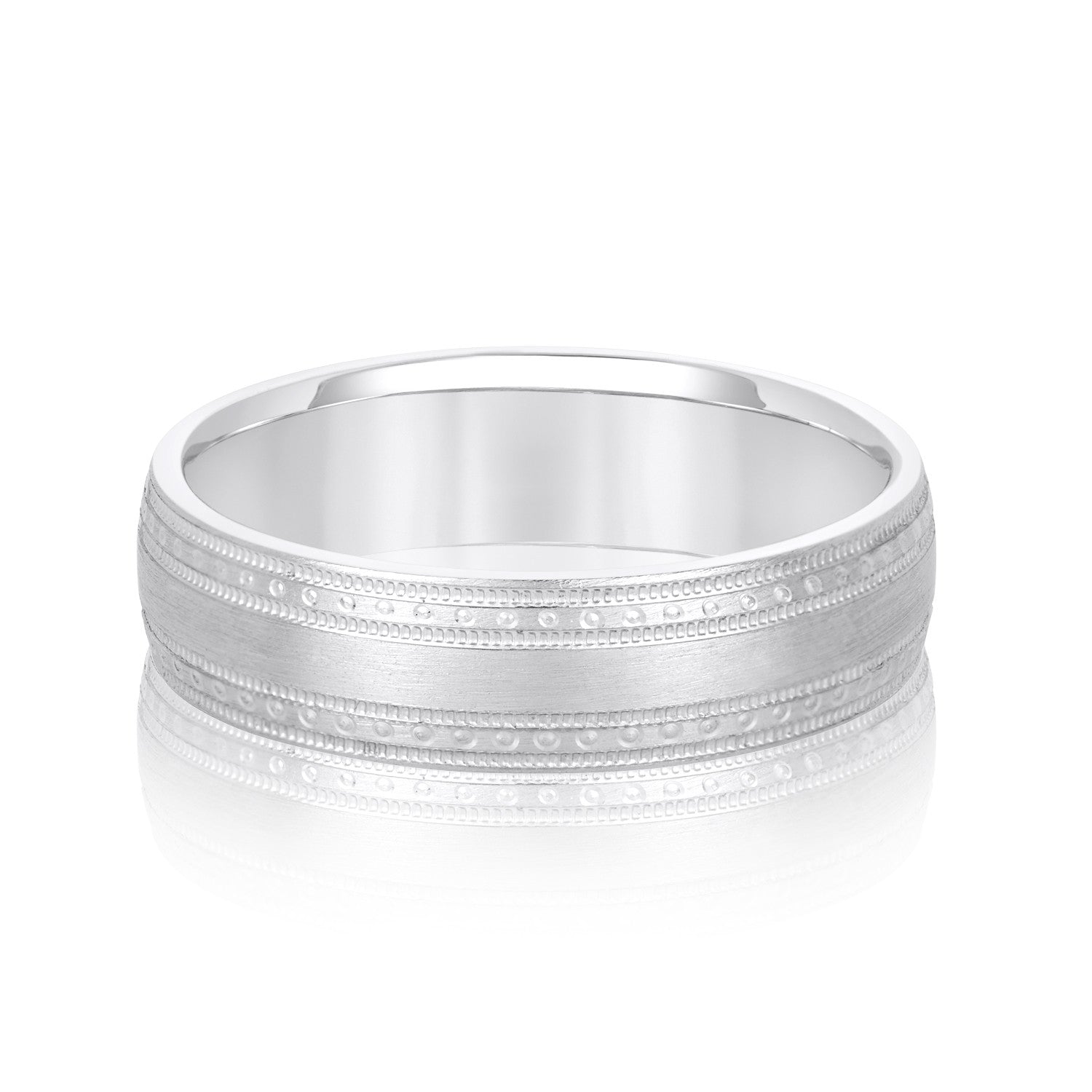 14K White Gold Men's 6MM Brushed Wedding Ring With Engraved Accents