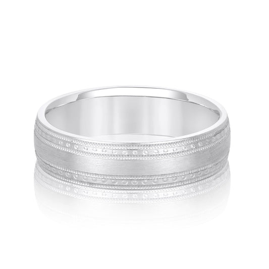 14K White Gold Men's 6MM Brushed Wedding Ring With Engraved Accents