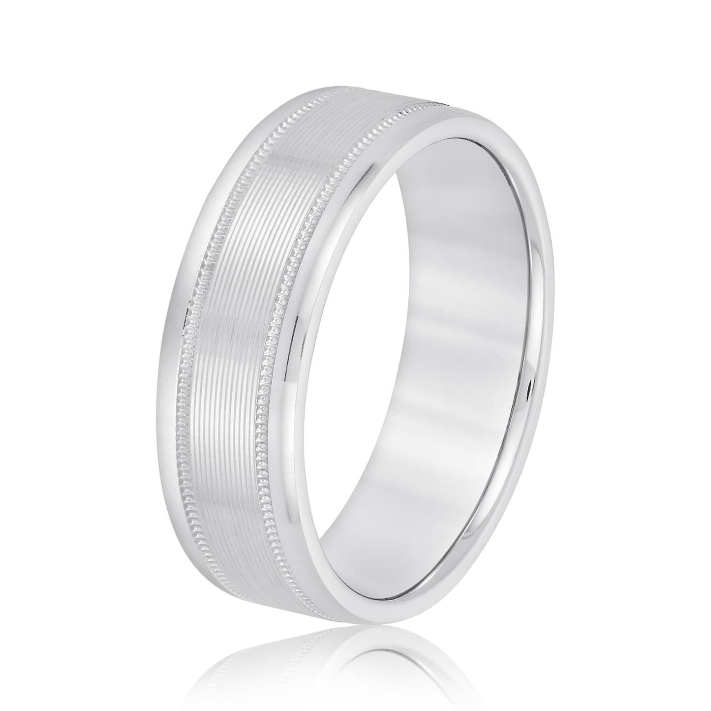 14K White Gold Men's 6MM Ridged Wedding Ring With Milgrain Accents 