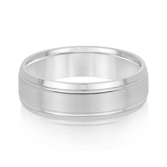 14K White Gold Men's 6MM Wedding Ring With Beveled Edge And Satin Finish