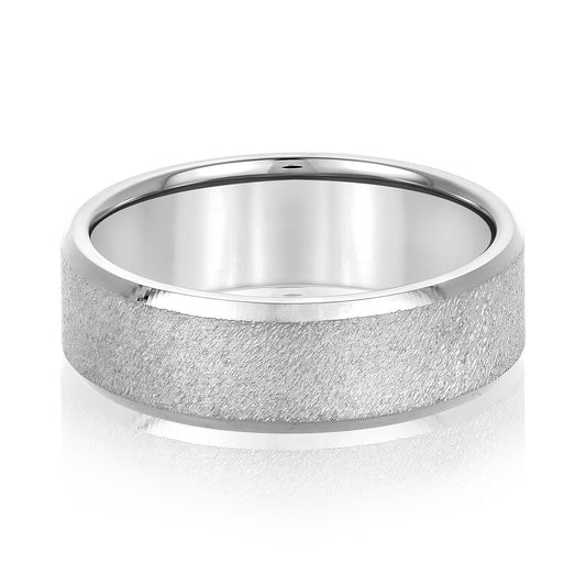 14K White Gold Men's 6MM Sandblasted Wedding Ring With High Polish Edges