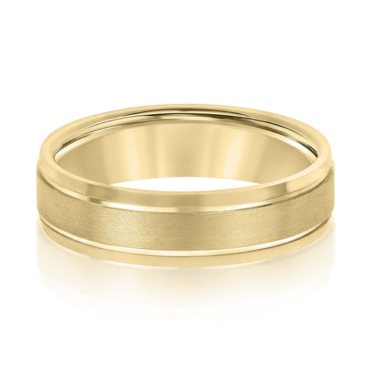 14K Yellow Gold Men's 6MM Wedding Band With Satin Finish And High Polish Beveled Edges 