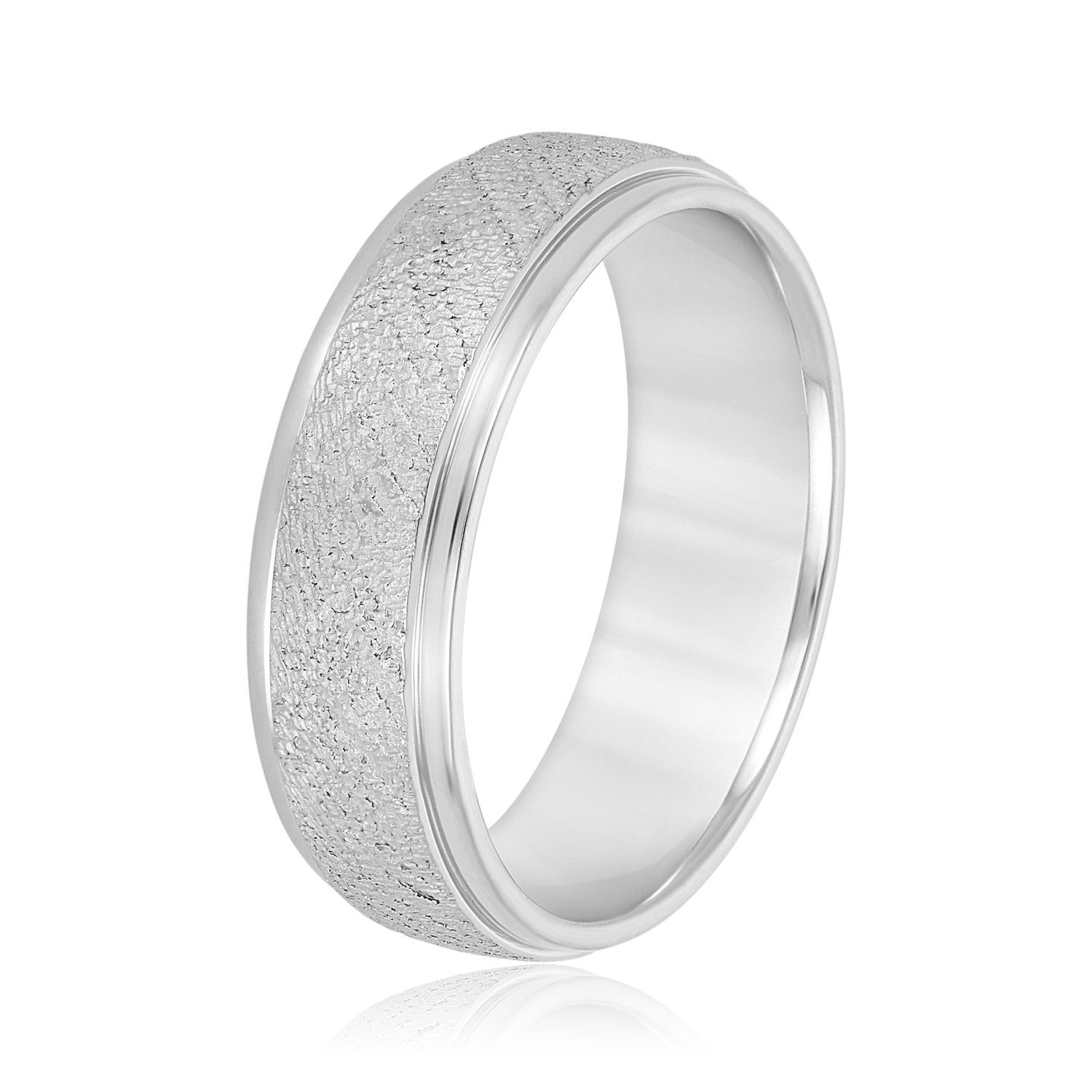 14K White Gold Men's 6MM Beveled Wedding Ring With Sandblasted Finish