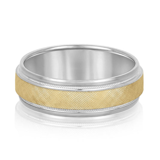 14K White And Yellow Gold Men's 6MM Beveled Wedding Ring With Florentine Finish And Milgrain Accents