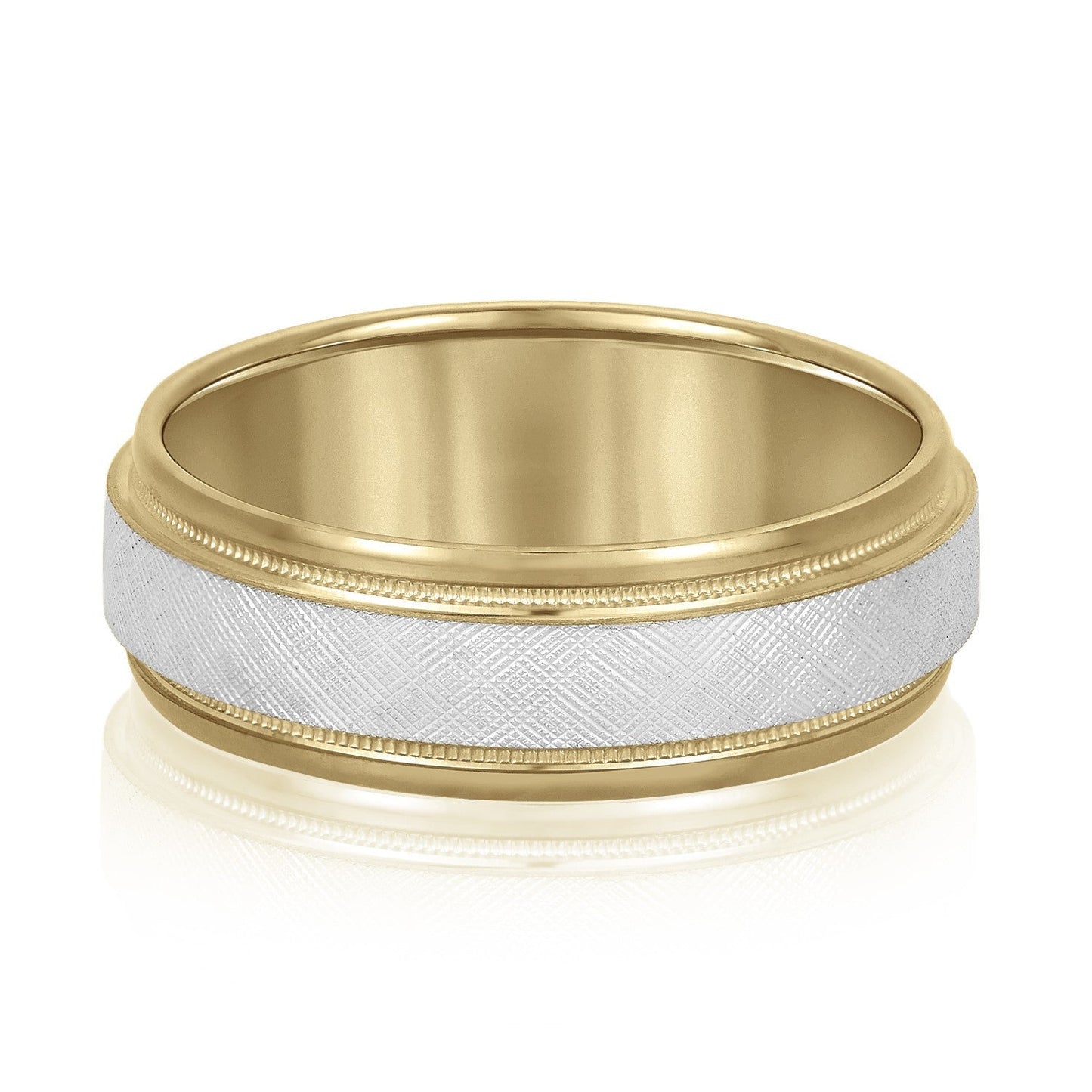 14K Yellow And White Gold Men's 6MM Beveled Wedding Ring With Florentine Finish And Milgrain Accents