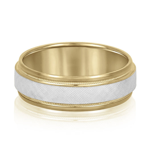 14K Yellow And White Gold Men's 6MM Beveled Wedding Ring With Florentine Finish And Milgrain Accents