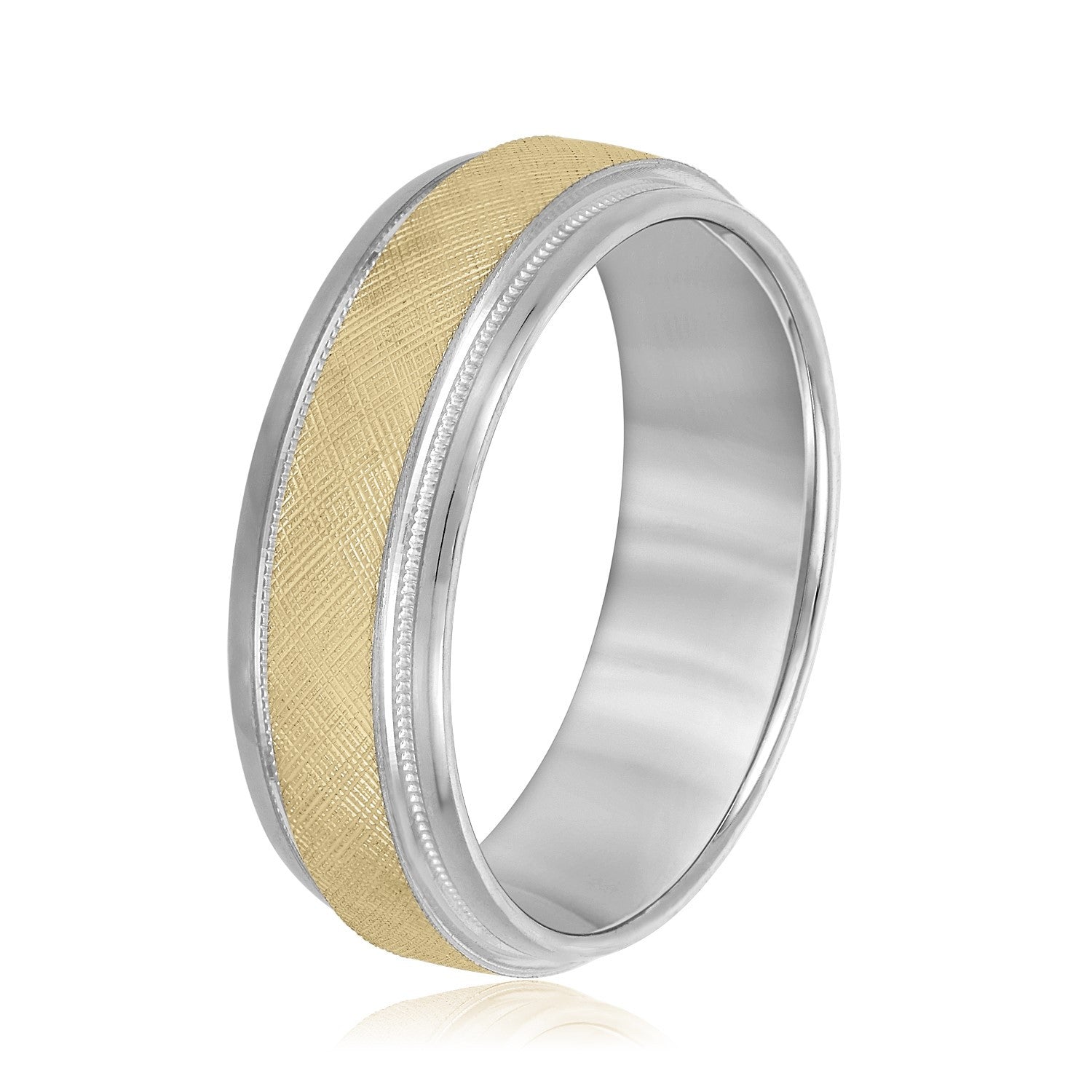 14K White And Yellow Gold Men's 6MM Beveled Wedding Ring With Florentine Finish And Milgrain Accents