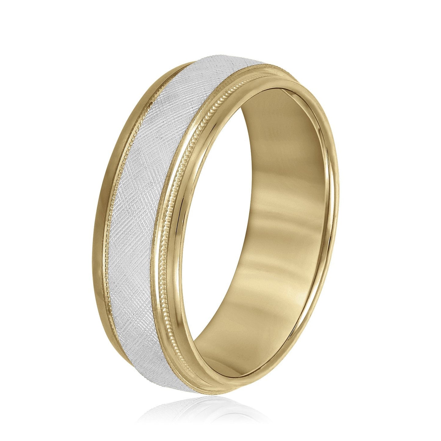 14K Yellow And White Gold Men's 6MM Beveled Wedding Ring With Florentine Finish And Milgrain Accents