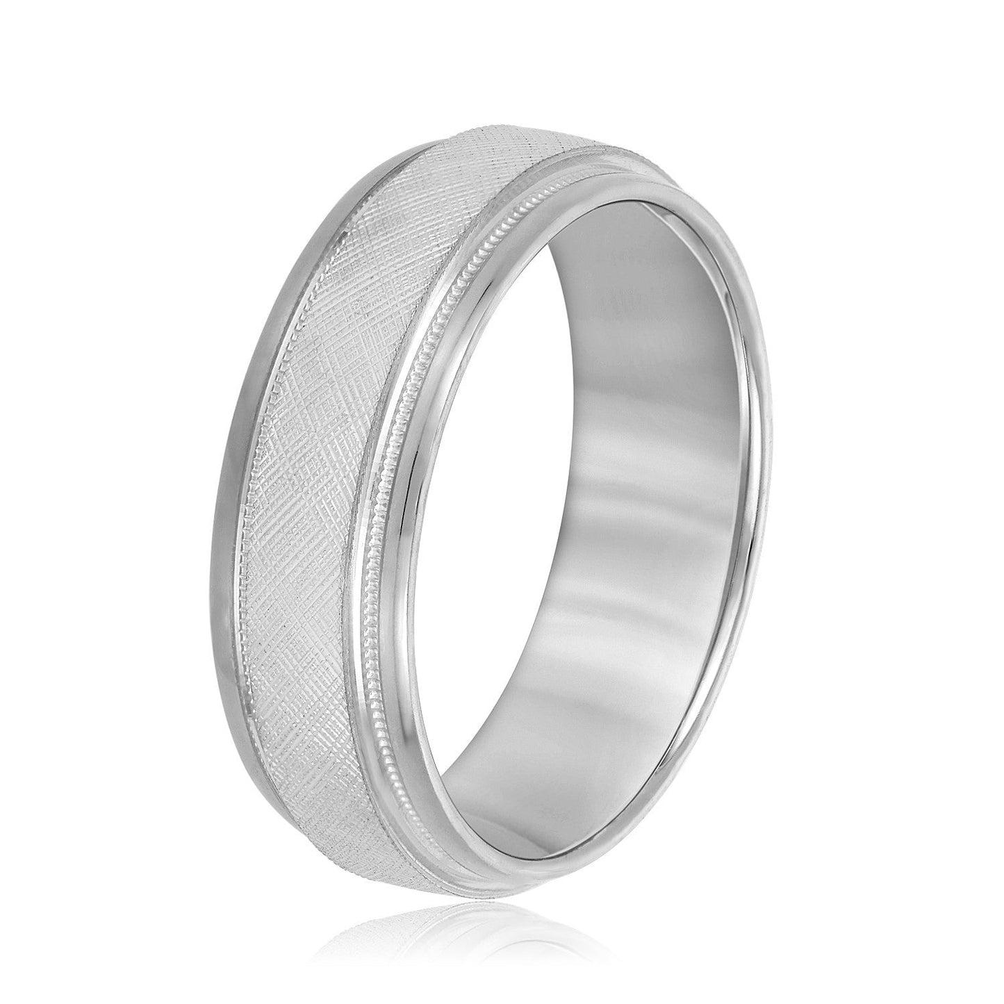 14K White Gold Men's 6MM Beveled Wedding Ring With Florentine Finish And Milgrain Accents