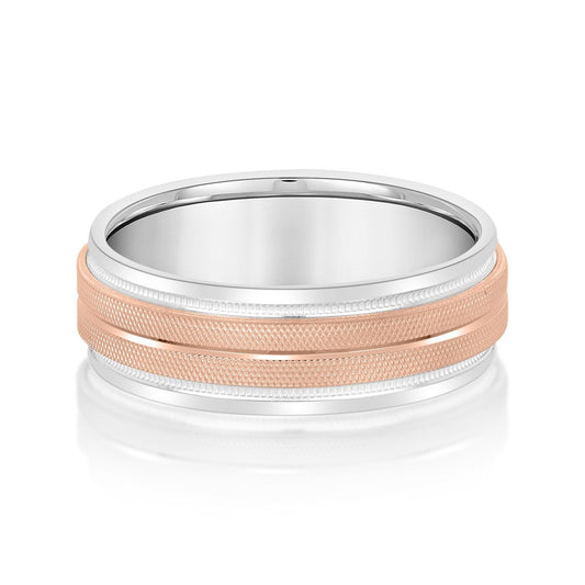 14K White And Rose Gold Men's 6MM Wedding Ring With High Beveled Center And Florentine Finish