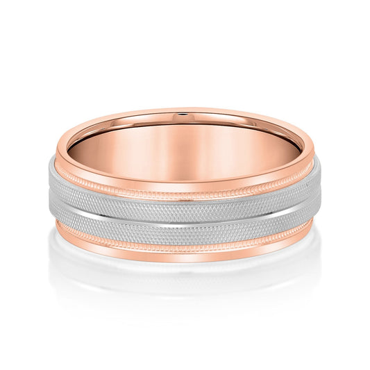 14K Rose And White Gold Men's 6MM Wedding Ring With High Beveled Center And Florentine Finish