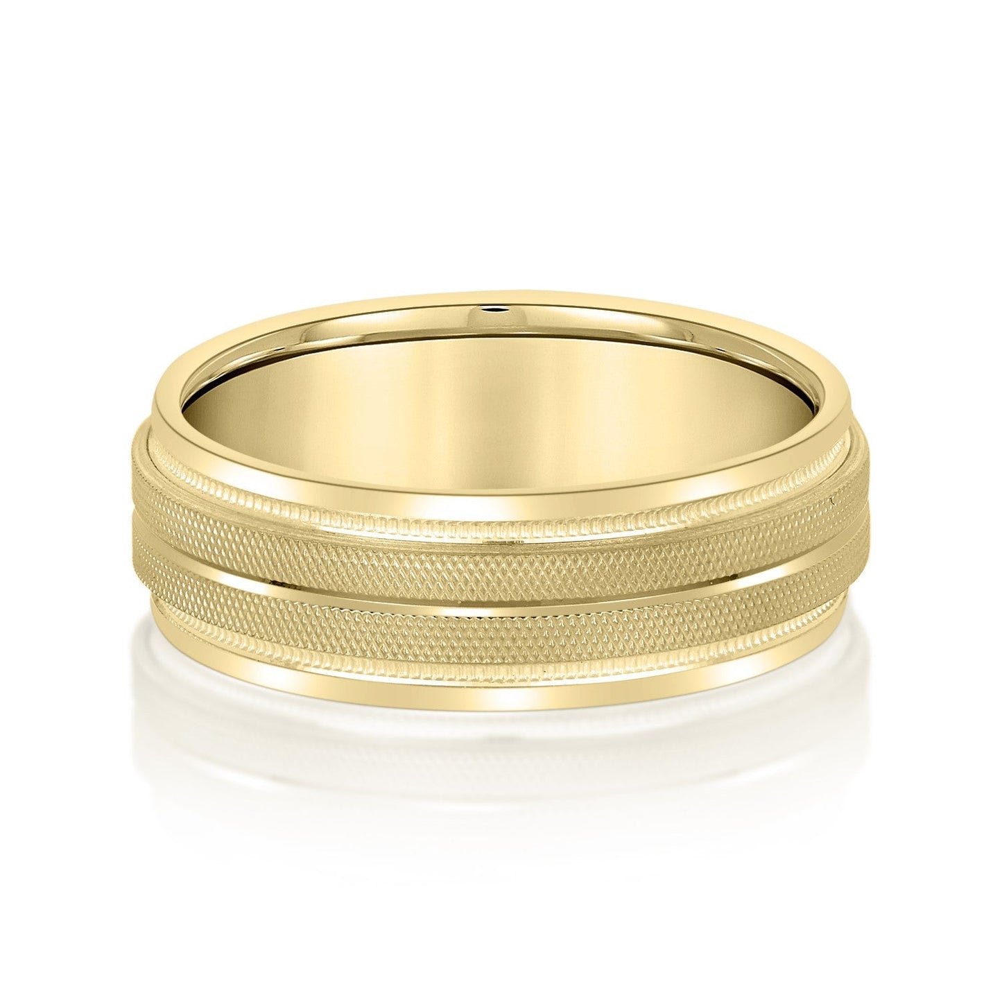 14K Yellow Men's 6MM Wedding Ring With High Beveled Center And Florentine Finish