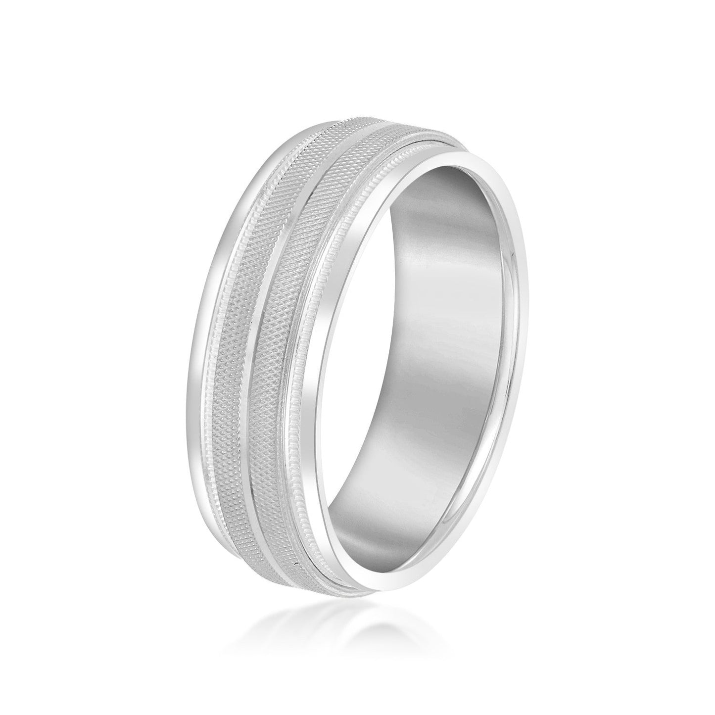 14K White Gold Men's 6MM Wedding Ring With High Beveled Center And Florentine Finish