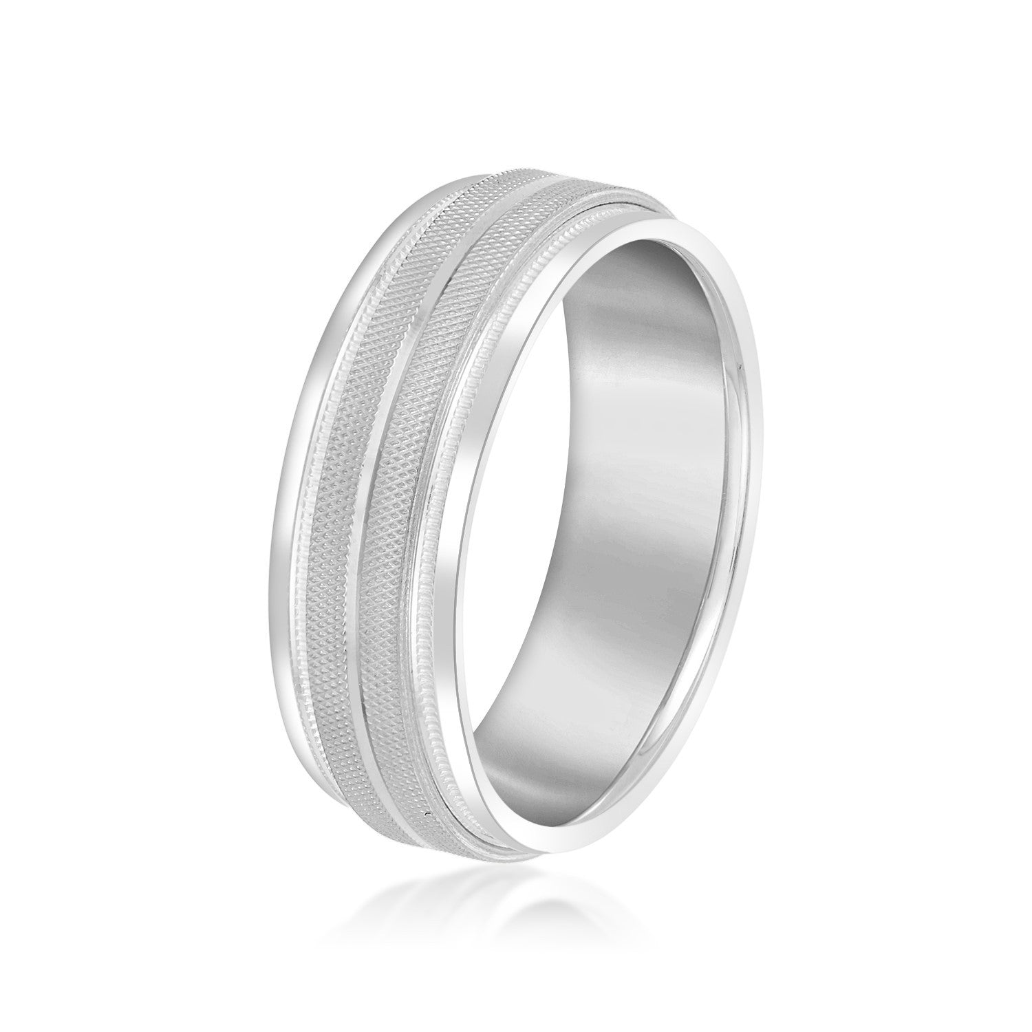 14K White Gold Men's 6MM Wedding Ring With High Beveled Center And Florentine Finish