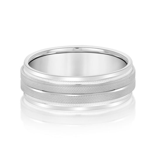 14K White Gold Men's 6MM Wedding Ring With High Beveled Center And Florentine Finish