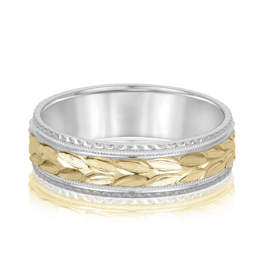 14K White And Yellow Gold Men's 6MM Wedding Ring With Engraved Accents 