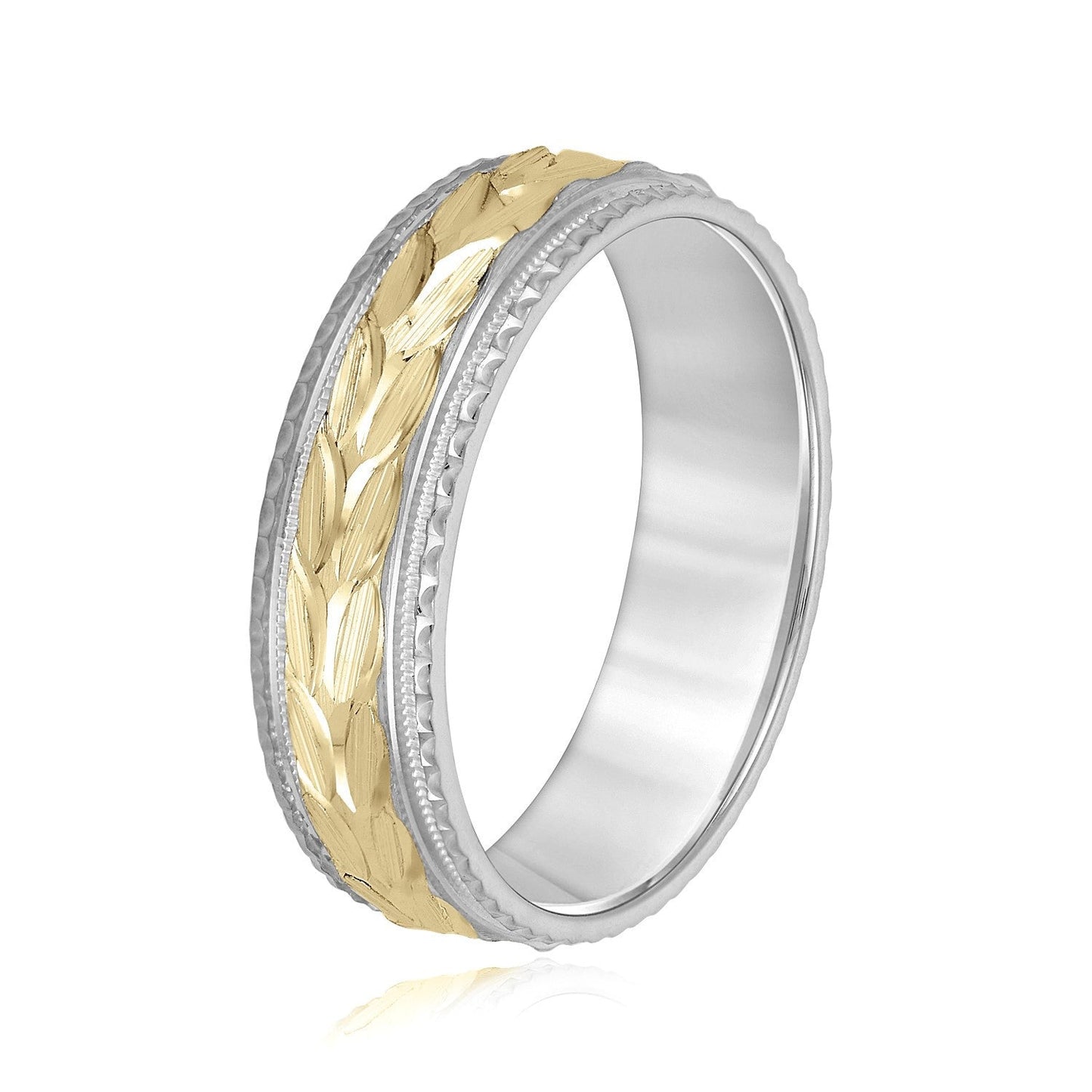 14K White And Yellow Gold Men's 6MM Wedding Ring With Engraved Accents 