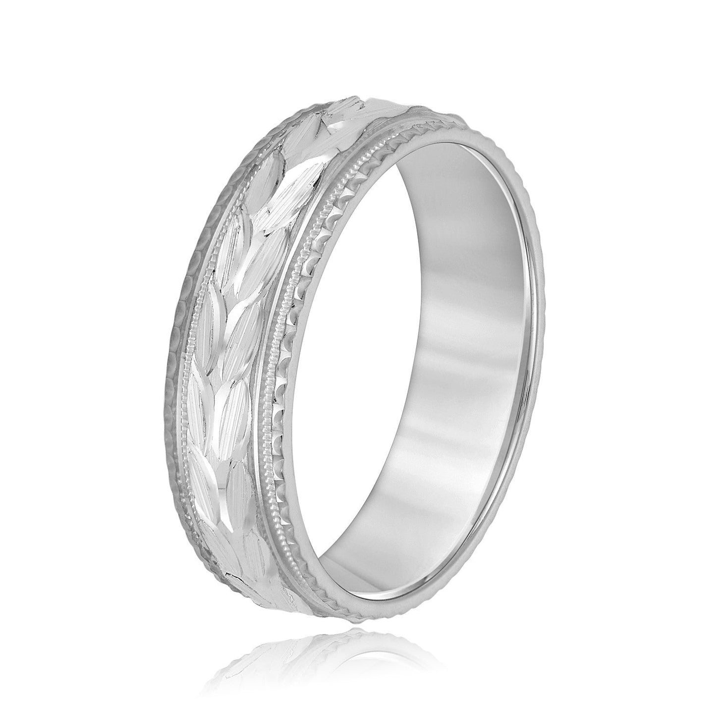 14K White Gold Men's 6MM Wedding Ring With Engraved Accents 