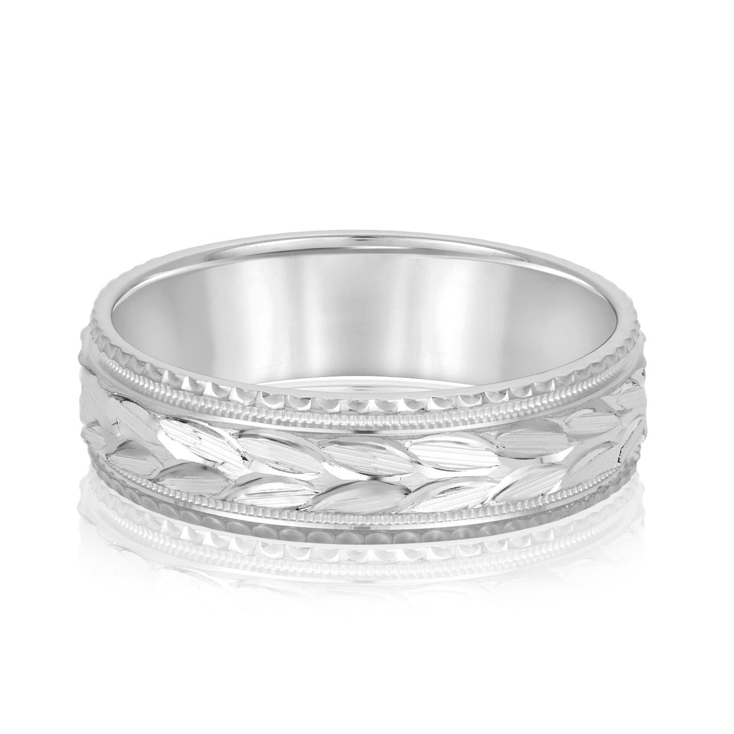 14K White Gold Men's 6MM Wedding Ring With Engraved Accents 