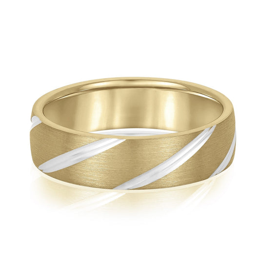 14K Yellow And White Gold Men's 6MM Wedding Band With Grooves And Brushed Finish