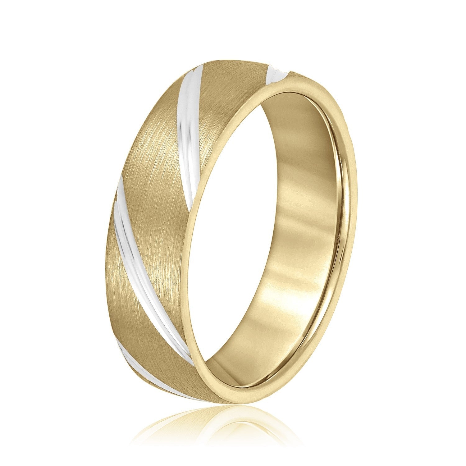 14K Yellow And White Gold Men's 6MM Wedding Band With Grooves And Brushed Finish