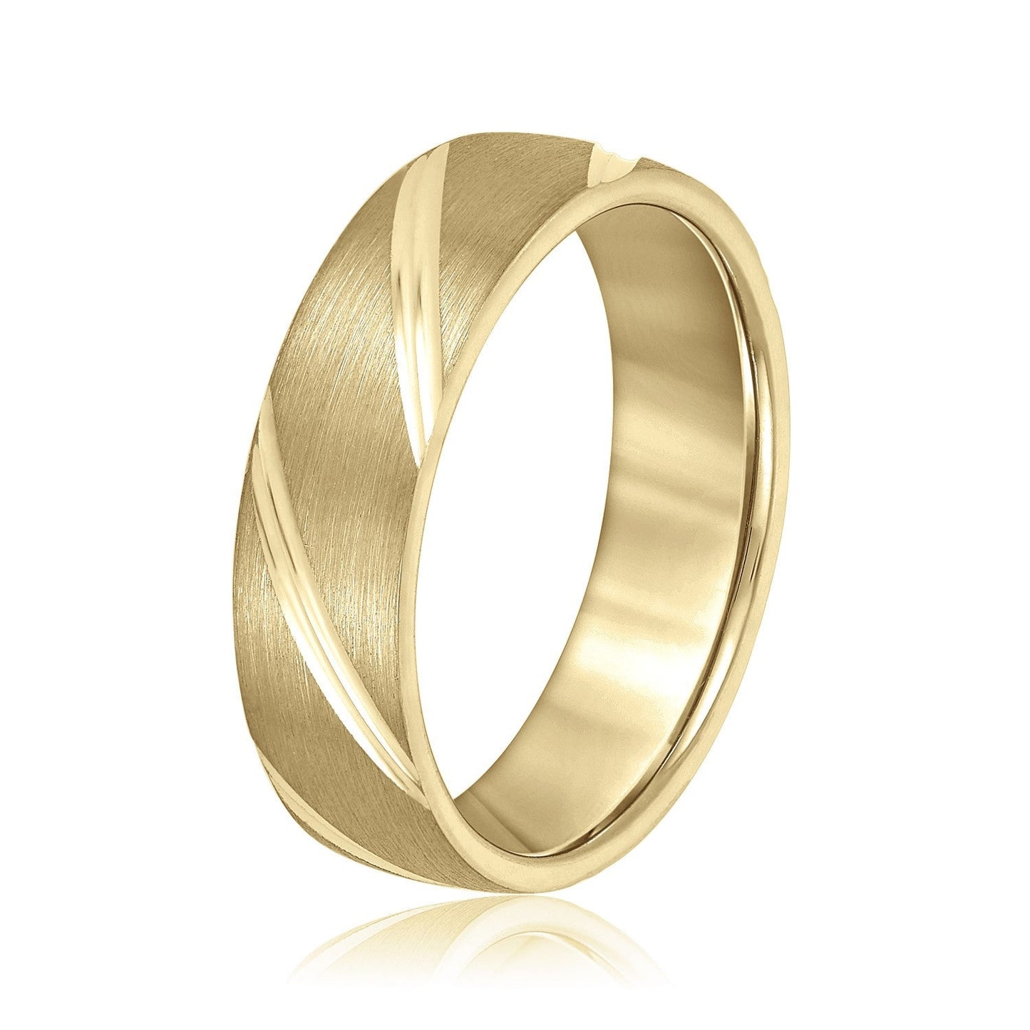 14K Yellow Gold Men's 6MM Wedding Band With Grooves And Brushed Finish 