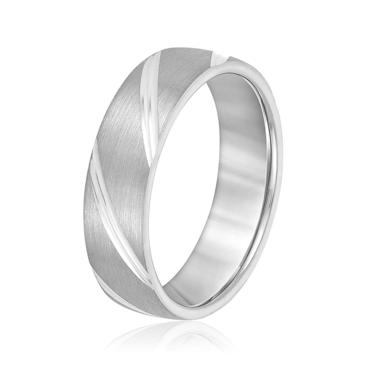 14K White Gold Men's 6MM Wedding Band With Grooves And Brushed Finish