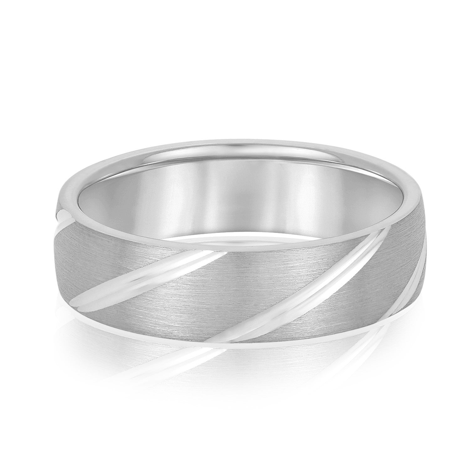 14K White Gold Men's 6MM Wedding Band With Grooves And Brushed Finish