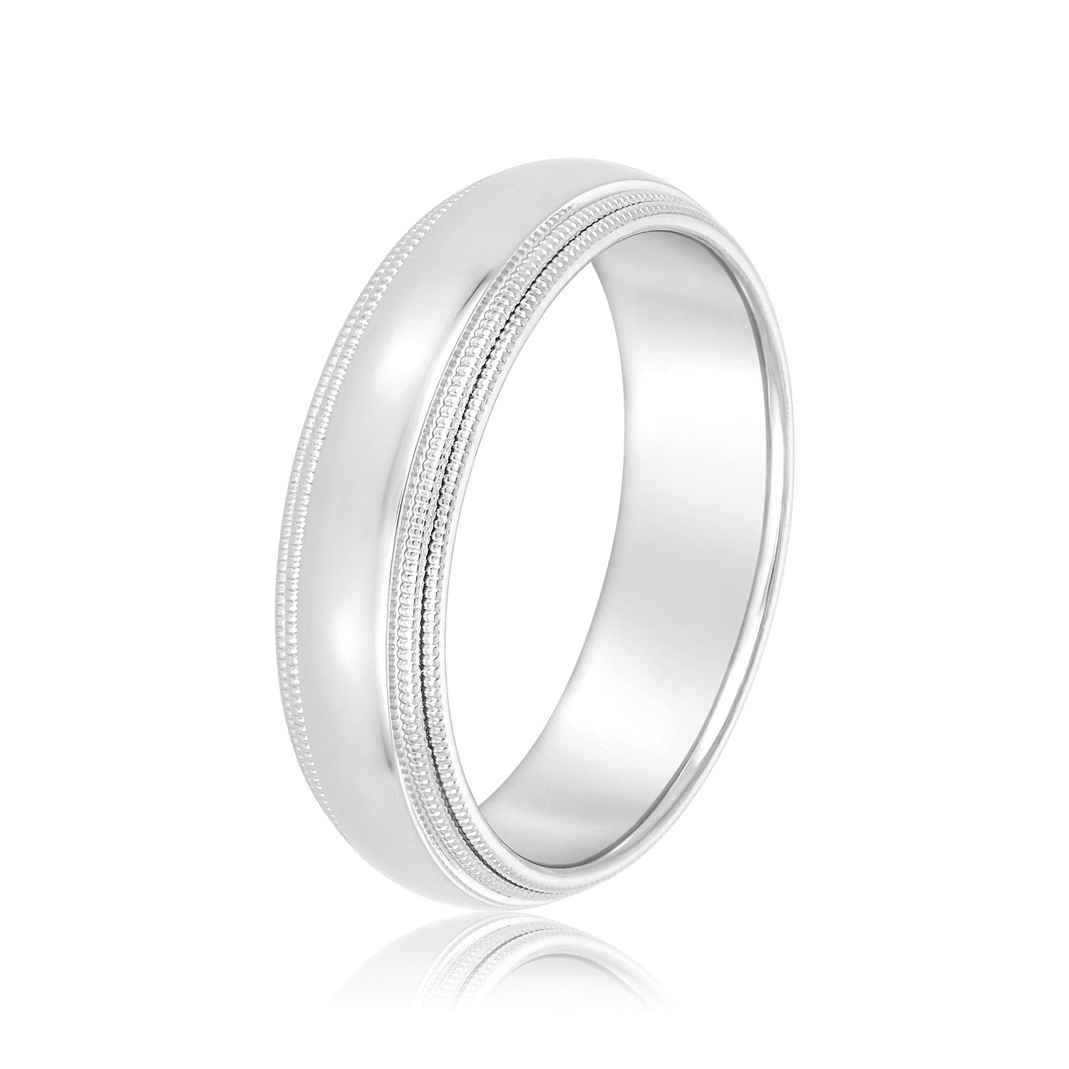 14K White Gold Men's 6MM Domed Wedding Ring With Milgrain Edges 