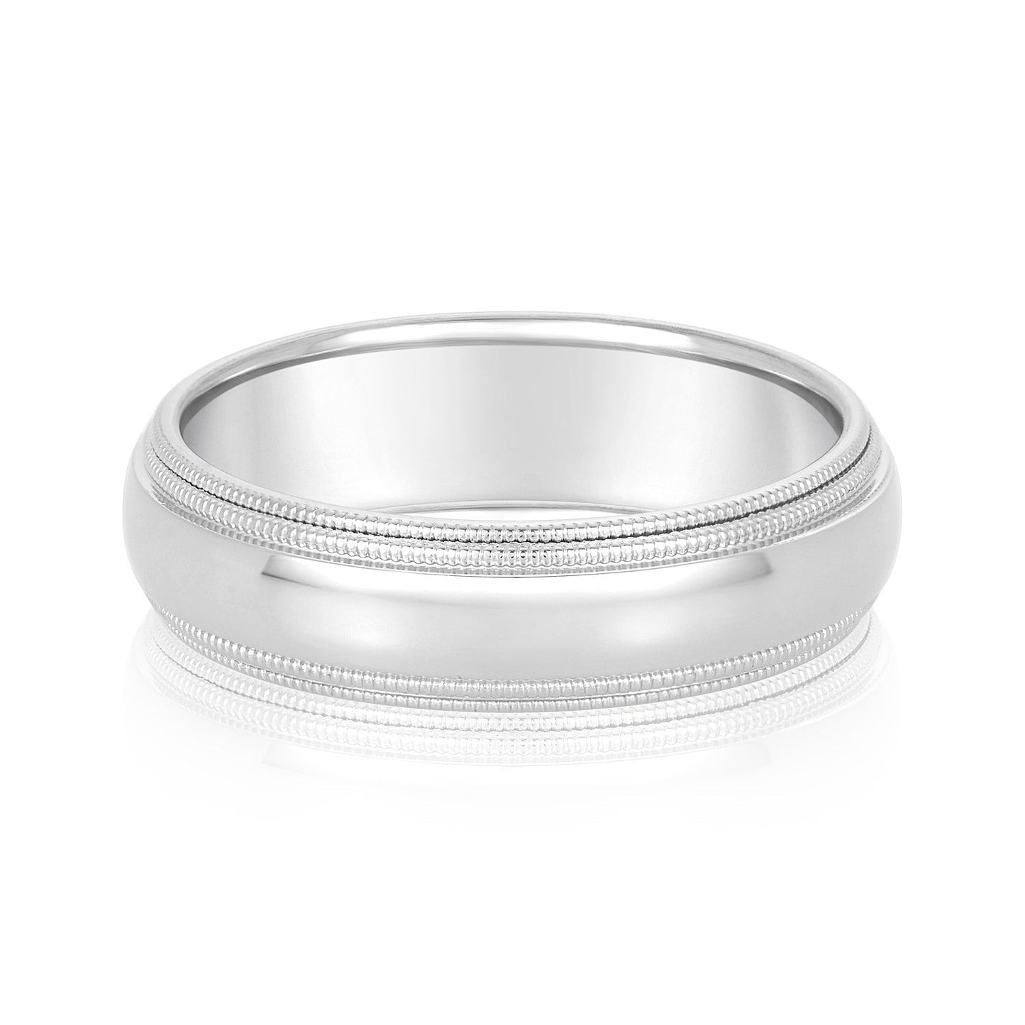 14K White Gold Men's 6MM Domed Wedding Ring With Milgrain Edges 