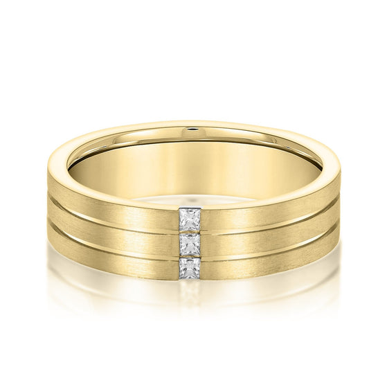 14K Yellow Gold Men's 6MM Wedding Ring With Vertical Princess Cut Channel Set Diamonds (.10ctw)