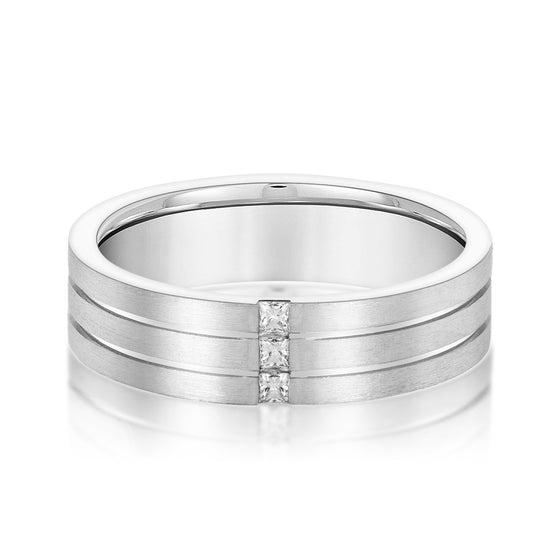 14K White Gold Men's 6MM Wedding Ring With Vertical Princess Cut Channel Set Diamonds (.10ctw)