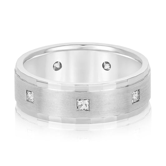 14K White Gold Men's 7MM Princess Cut Diamond Eternity Wedding Ring With Fluted Beveled Edge (.50ctw)