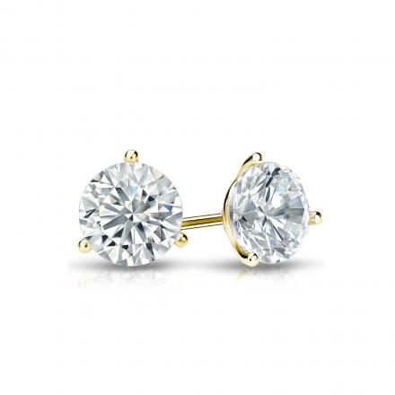 Yellow Gold Three Prong Round Brilliant Diamond Stud Earrings