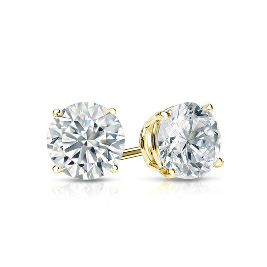 Yellow Gold Four Prong Basket Set Round Brilliant Diamond Stud Earrings